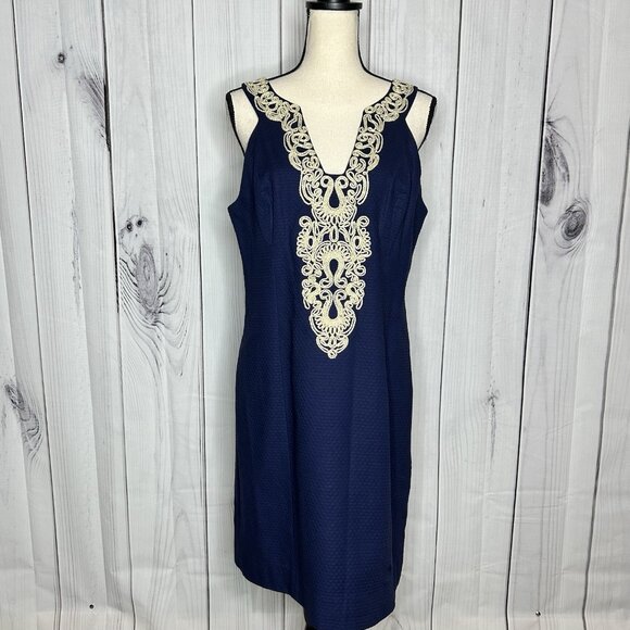 Lilly Pulitzer Suzette Shift Dress Size 12 True Navy Gold Trim Detail V-Neck - Picture 1 of 13